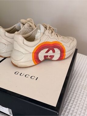 Gucci Cream Leather Sneakers with Red and Orange Logo Detail